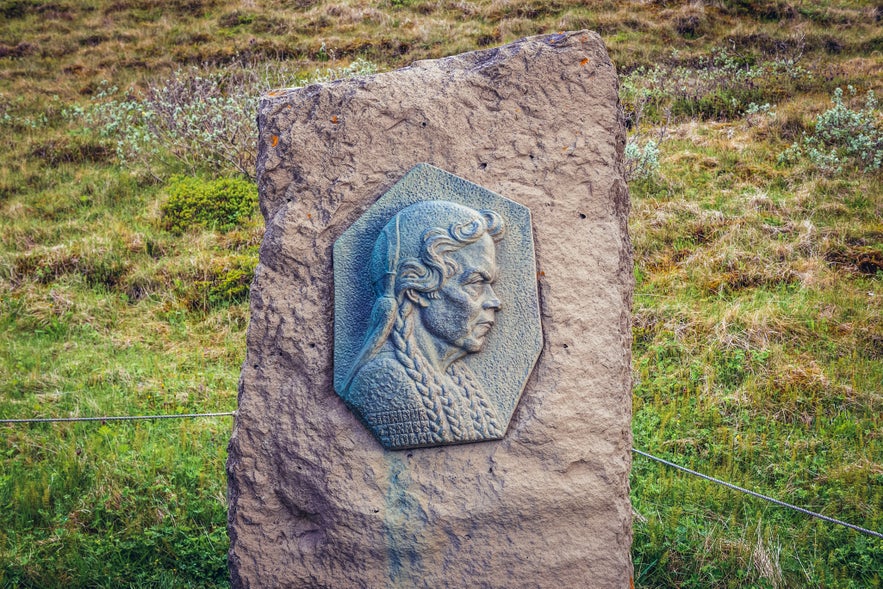 Stone monument of Sigr&iacute;&eth;ur T&oacute;masd&oacute;ttir near Gullfoss waterfall in southwest Iceland.
