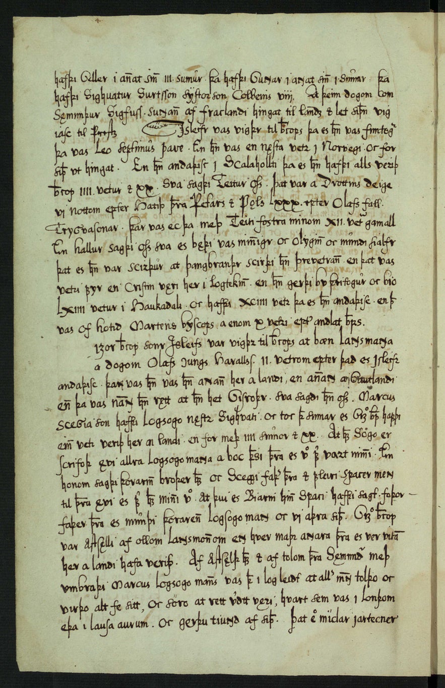 Manuscript page from &Iacute;slendingab&oacute;k by J&oacute;n Erlendsson, preserved at the &Aacute;rni Magn&uacute;sson Institute.