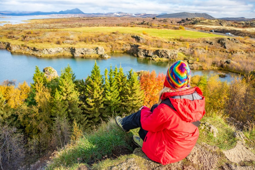 Traveler overlooking Lake Myvatn during summer weather in Iceland, with colorful landscape and calm water
