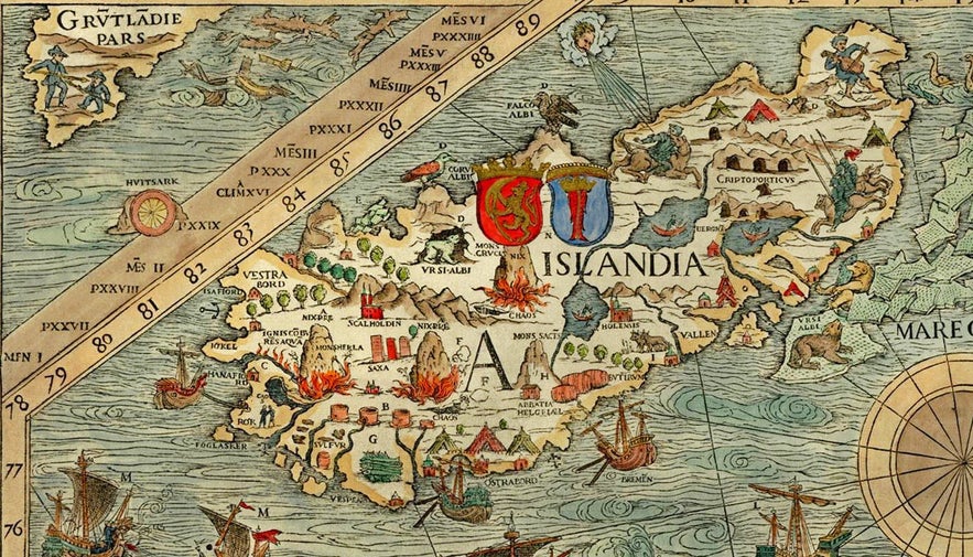 Illustrated 16th-century map of Iceland from the Carta Marina, showing volcanoes, settlements, and sea creatures.