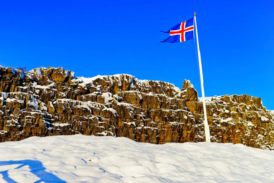 The Icelandic flag marks Logberg, which is covered in snow during winter in Iceland.