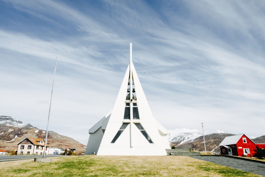Contemporary white church with sharp angles in Skagastrond, Iceland.