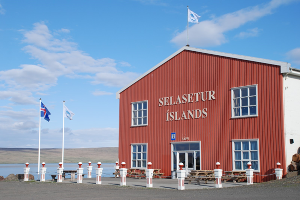 Exterior of the Icelandic Seal Center in Hvammstangi on Vatnsnes Peninsula, featuring red wooden architecture and scenic coastal backdrop.