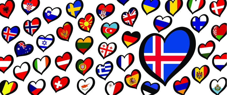 A collection of heart-shaped flags from Eurovision participating countries with a prominent Icelandic flag heart, illustrating Iceland's participation history.