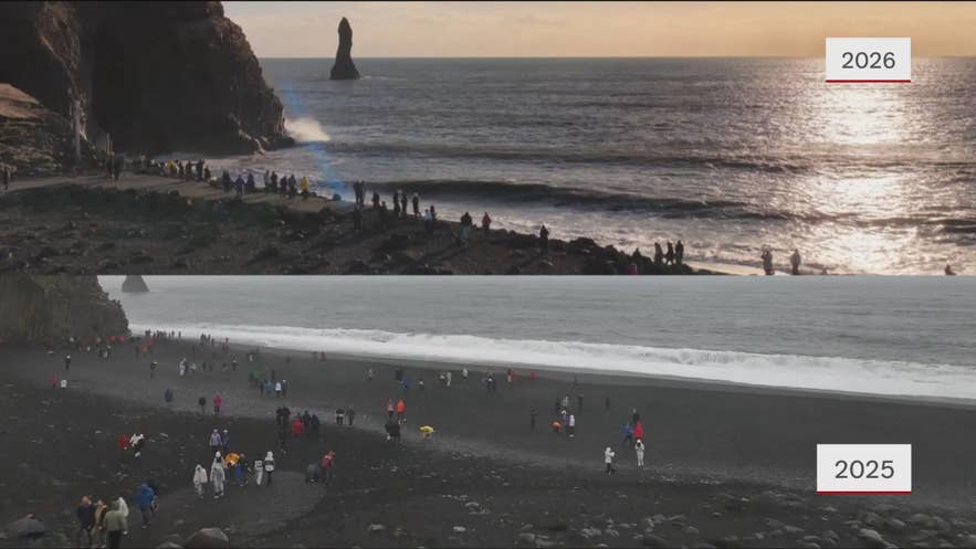 Reynisfjara før og efter sammenligning af erosion i 2025 og 2026, fotograferet af Guðmundur Bergkvist.
