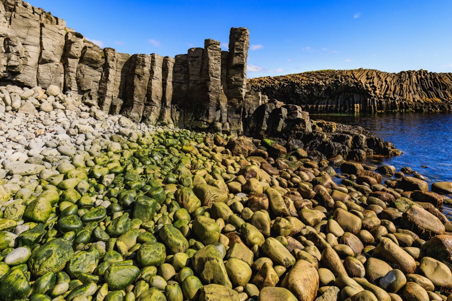 Basalt column formations and colorful moss-covered stones along the coastline at K&aacute;lfshamarsv&iacute;k under a bright blue sky.