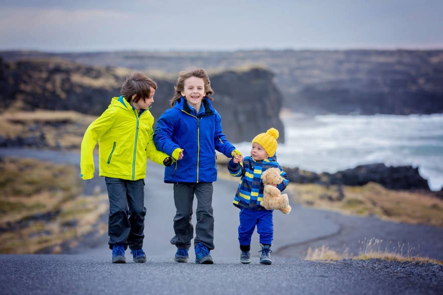 IJsland met kinderen die de zuidkust verkennen bij Dyrhólaey, wandelend langs indrukwekkende oceaankliffen.