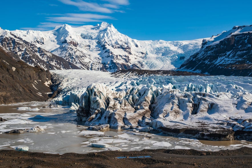 Panoramic view of the mighty Svinafellsjokull glacier in Skaftafell under a clear blue sky.