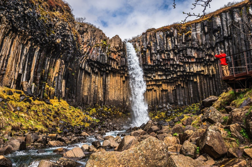 Dramatic view of Svartifoss with a photographer in the foreground capturing the basalt columns and flowing water.
