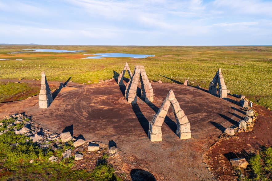Aerial view of the Arctic Henge stone circle near Raufarhofn, surrounded by open tundra and small lakes in North Iceland.