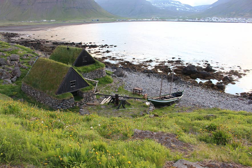 Osvor Maritime Museum with traditional turf houses in Bolungarvik, Westfjords