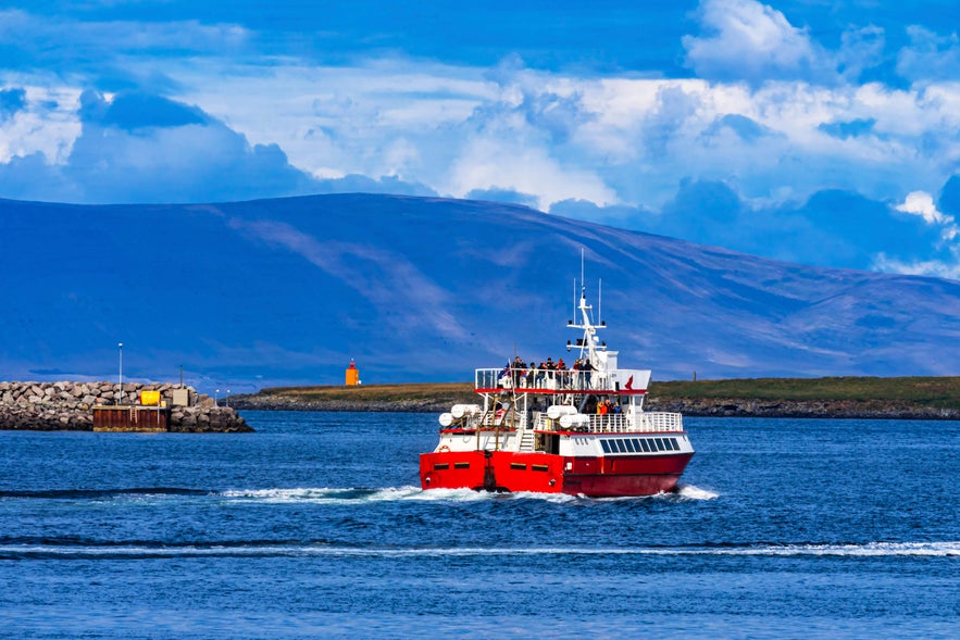 A red tour boat sails past a harbor with mountains rising behind it in North Iceland.