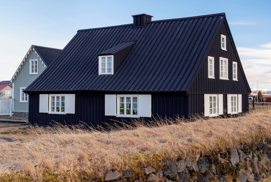 Historic black timber building at Arnessysla Heritage Museum in South Iceland