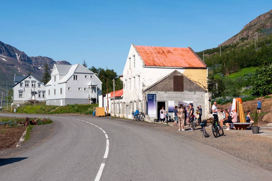 Visitors outside the Technical Museum of East Iceland in Seydisfjordur