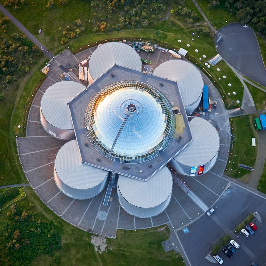Top view of Perlan Museum in Reykjavik, a popular attraction featuring exhibitions and panoramic views.