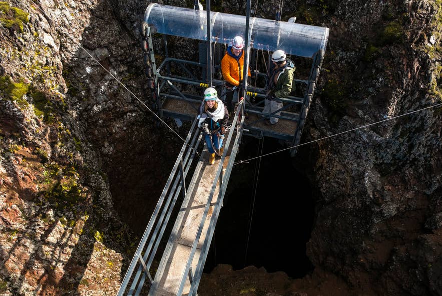Open lift descending into the Thrihnukagigur crater