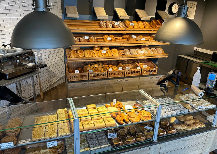 Selection of bread, cakes and pastries on display at Bernhoftsbakari bakery in Reykjavík, Iceland