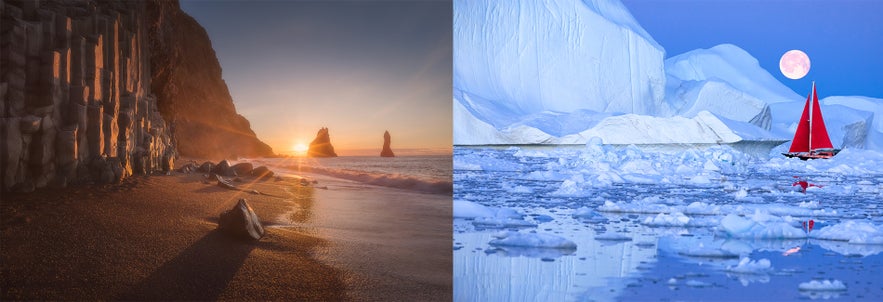Iceland vs Greenland - The black sand beaches of Iceland and the white icecaps of Greenland Iceland vs Greenland - The black sand beaches of Iceland and the white icecaps of Greenland