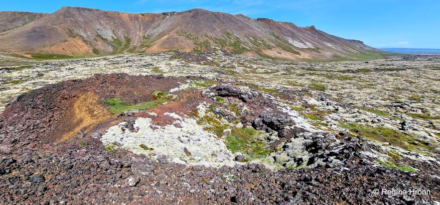 Litla-Eldborg crater with Mt Geitahlid in the background near Krysuvik, Reykjanes Peninsula, Iceland.