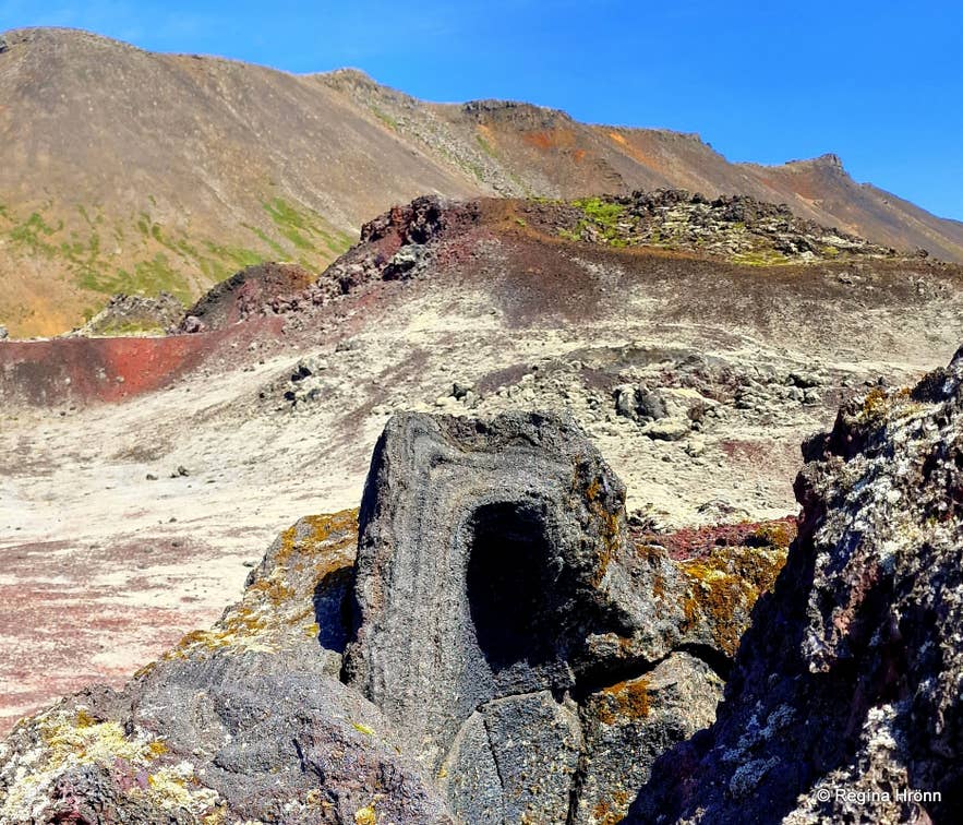 Colourful lava and crater rim at Stóra-Eldborg near Krysuvik on the Reykjanes Peninsula, Iceland.
