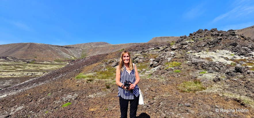 Visitor near Stóra-Eldborg crater in Krysuvik on the Reykjanes Peninsula, Iceland.