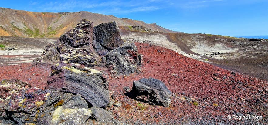 Red scoria and lava formations inside Stóra-Eldborg crater near Krysuvik, Reykjanes Peninsula, Iceland.