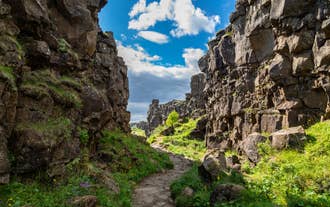 A scenic path through Thingvellir National Park, where tectonic plates meet in Iceland.