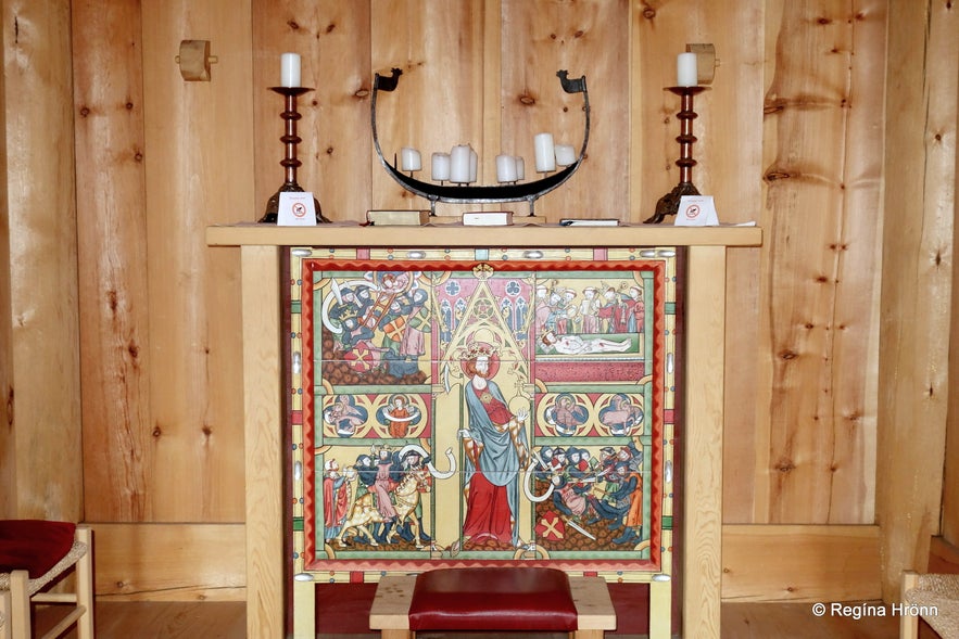 Regína inside the stave church in the Westman islands