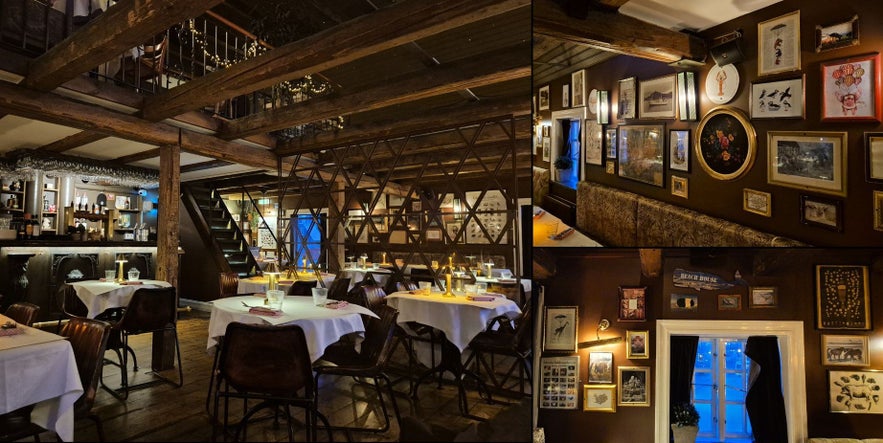 S&aelig;ta Sv&iacute;ni&eth; restaurant interior in downtown Reykjavik featuring warm lighting, rustic wooden beams, cozy seating, and eclectic Icelandic wall art.