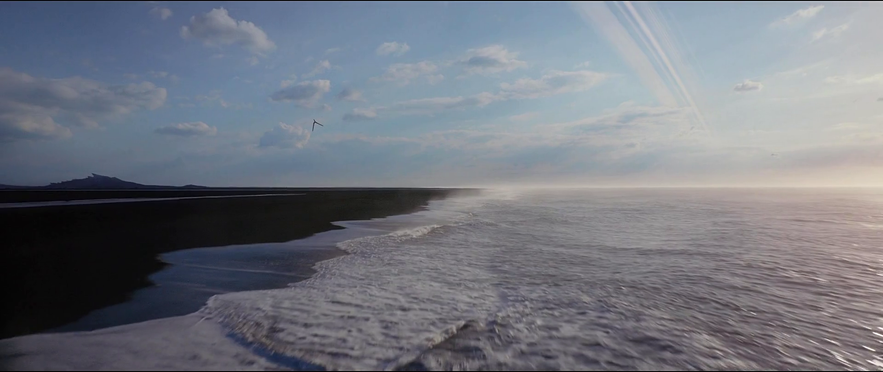 หาดทรายสีดำมิร์ดาลส์ซานดูร์ในไอซ์แลนด์ระหว่างฉากเปิดเรื่อง Rogue One