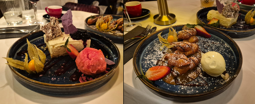 S&aelig;ta Sv&iacute;ni&eth; dessert collage featuring berry cheesecake with sorbet and caramel-dipped mini kleinur with ice cream, served in downtown Reykjavik.