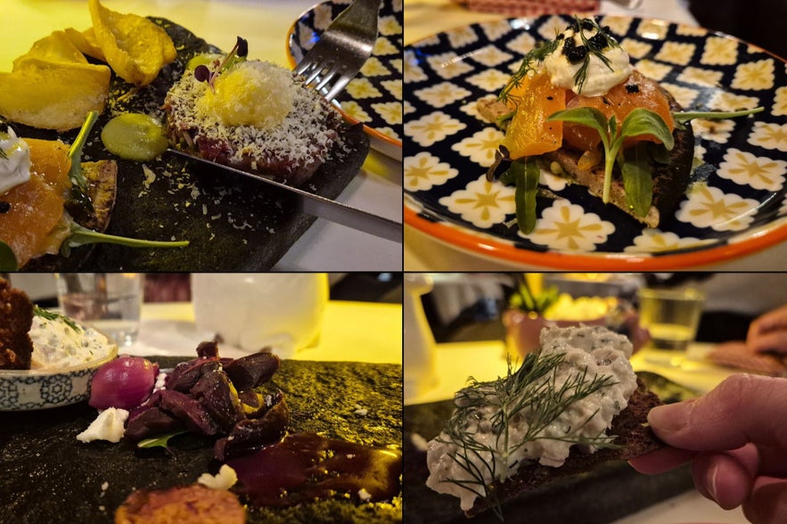 S&aelig;ta Sv&iacute;ni&eth; Icelandic tasting menu collage showing horse tartar, smoked puffin, arctic char on flatkaka, and creamy cod dip on rye bread.