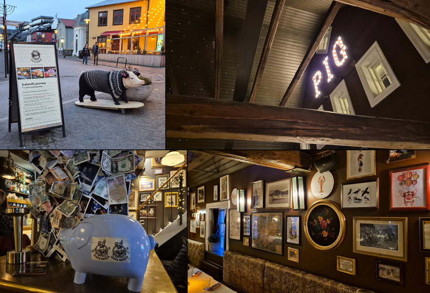 S&aelig;ta Sv&iacute;ni&eth; Reykjavik collage showing pig statues, cozy interior d&eacute;cor, star-lit ceiling beams, and playful pub-style details near Ing&oacute;lfstorg Square.