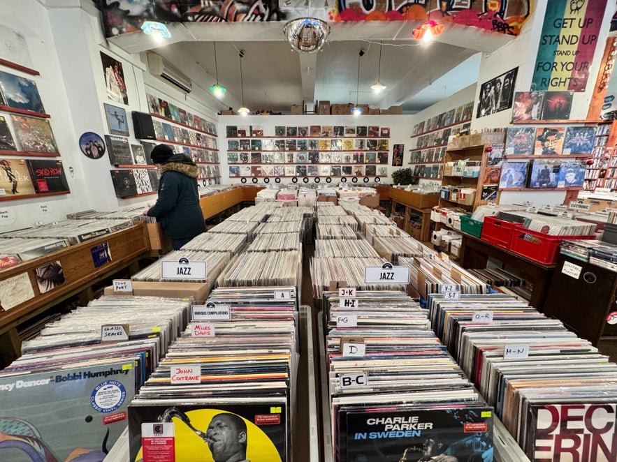 Reykjavik&rsquo;s Lucky Records store filled with vinyl albums, posters, and music souvenirs