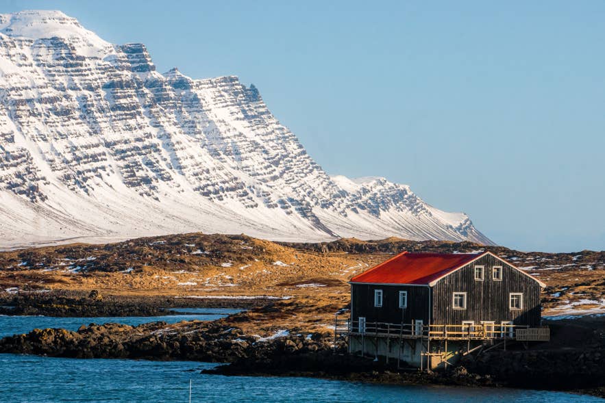 Djupivogur on the shores of Berufjordur in East Iceland on a sunny day.