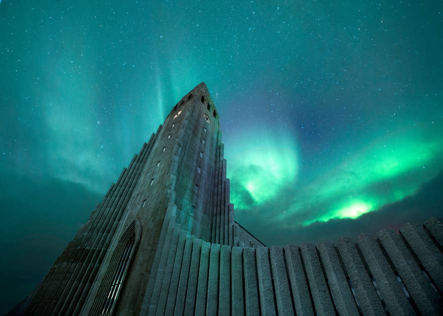 Northern lights over Hallgrimskirkja, Reykjavik