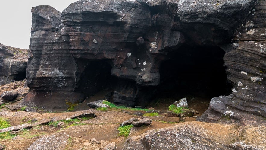 Sönghellir cave on the Snæfellsnes Peninsula in West Iceland, a historic lava cave known for its acoustics, legends, and historic wall carvings.
