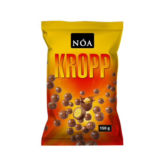 Bag of Noa Kropp Icelandic candy with crunchy cereal balls coated in milk chocolate, a popular Icelandic chocolate snack.