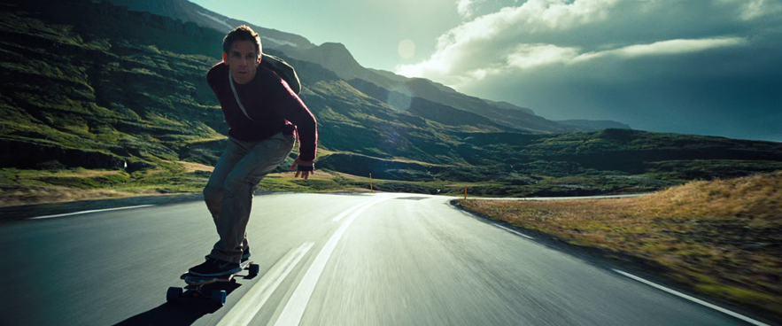 Ben Stiller as Walter Mitty, longboarding across Iceland