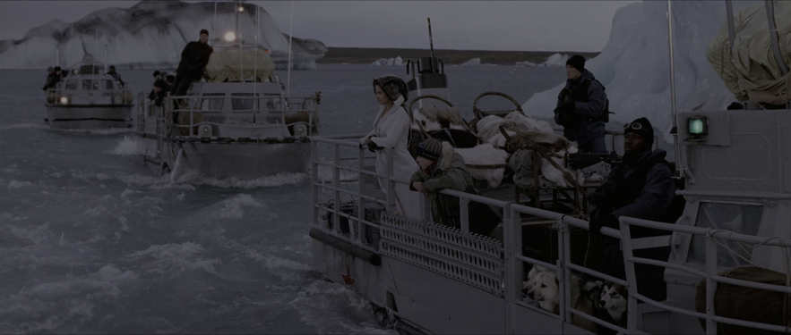 Angelina Jolie as Lara Croft sails across Jokulsarlon glacier lagoon on an amphibian boat