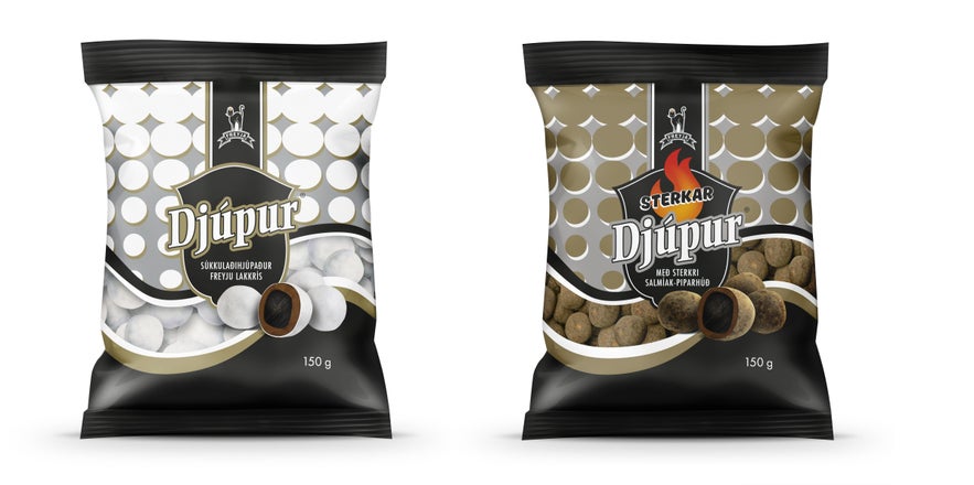 Djupur Icelandic candy in regular and strong versions, featuring chocolate-covered licorice with sugar and salmiak coatings.