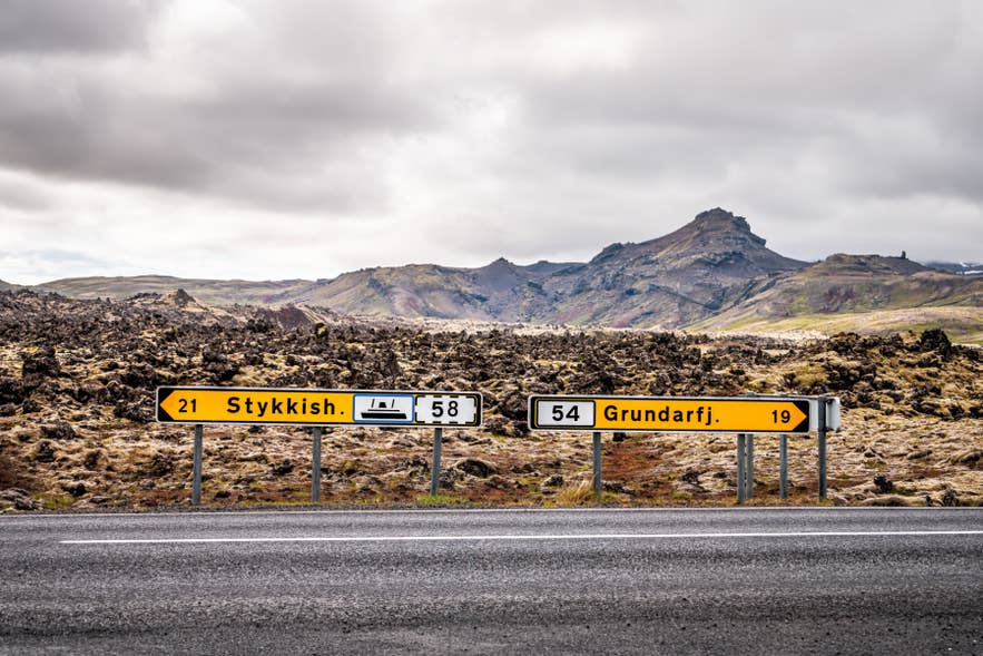 Road signs pointing to Stykkisholmur and Grundarfjordur on the Snaefellsnes Peninsula,