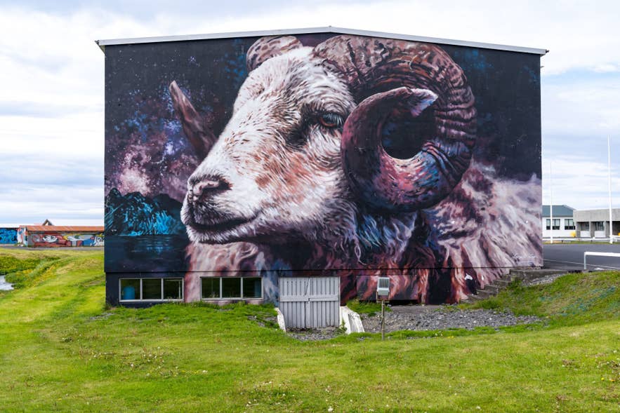 Stort vægmaleri af en vædder malet på en bygning i Hellissandur, kendt for sin farverige street art på Snæfellsnes-halvøen.