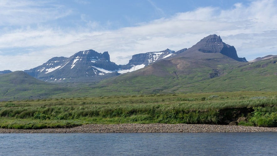 Dyrfjoll mountains tower over the viknaslodir area