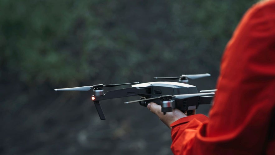 Close-up of a drone ready for takeoff during an adventure focused on flying drones in Iceland.