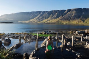 A person in a green swimsuit stands in a natural hot spring and looks out at the Hvalfjordur fjord.