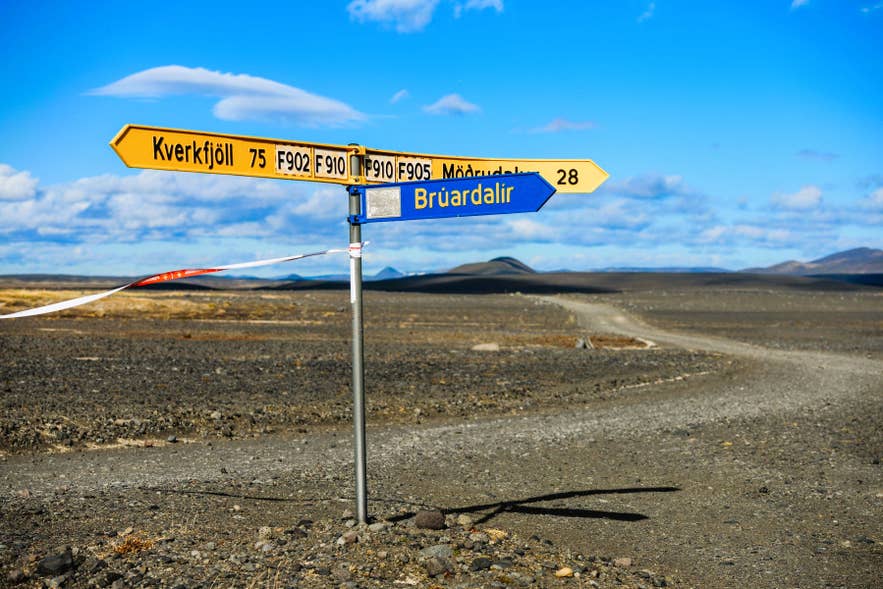 Highland road sign showing F-roads F902, F910, and F905 near Kverkfjoll in Iceland’s remote Highlands. Highland road sign showing F-roads F902, F910, and F905 near Kverkfjoll in Iceland’s remote Highlands.