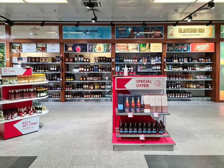 Duty-free alcohol shop at Keflavik Airport, popular stop for buying alcohol before traveling around Iceland.
