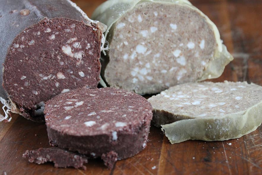 Slatur Icelandic blood pudding and liver sausage slices, a traditional Thorri festival food and one of Iceland’s unusual dishes.