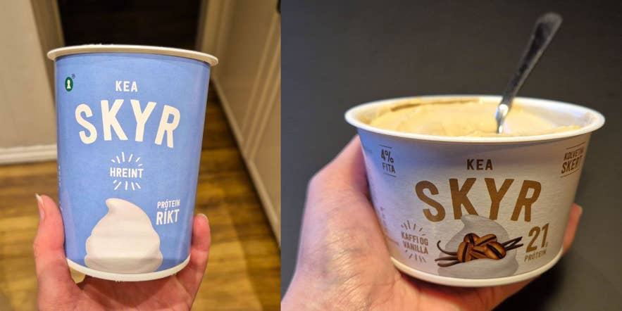 Two cups of Icelandic skyr yogurt from KEA brand in plain and coffee-vanilla flavors